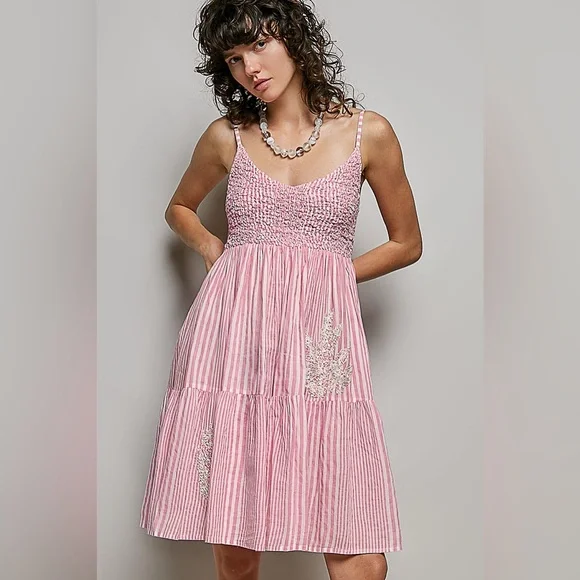 POL Pink Cotton Striped Smocked Sundress with Embroidery - Picture 2 of 6